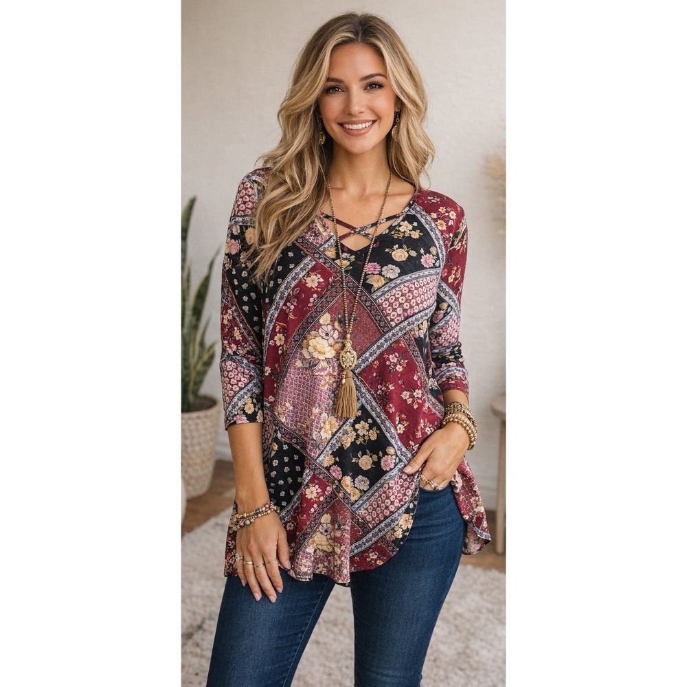 Boho Patchwork Floral Tunic Top Burgundy Mixed Print Flowy Blouse 1X